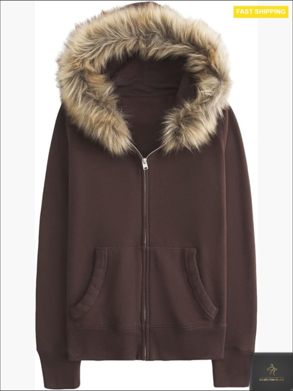 Faux Fur Trim Zip-Up Hoodie Oversized Fleece Lining Casual Jacket with Pockets